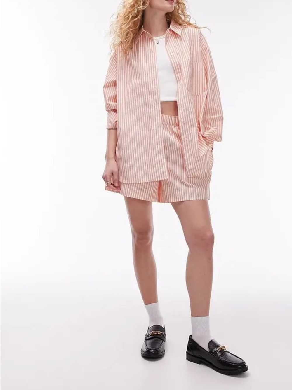 TOPSHOP Set oversize stripe button up shirt and shorts set red white size 6 NWOT